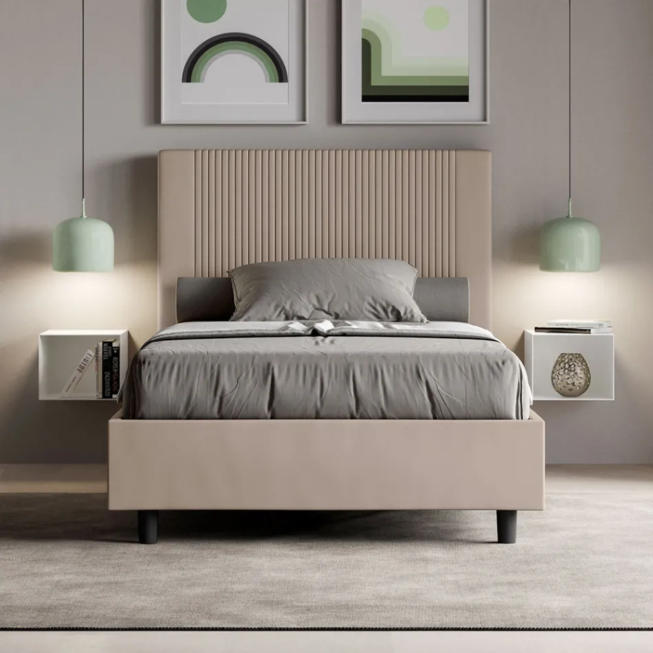 140x200 cm bed with headboard decorated with vertical lines, Made in Italy - Pattini Viadurini