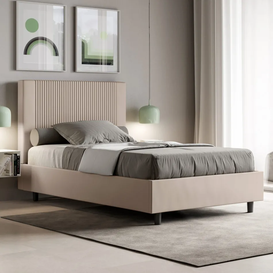 140x200 cm Bed with Headboard Decorated with Vertical Lines Made in Italy - Pattini Viadurini