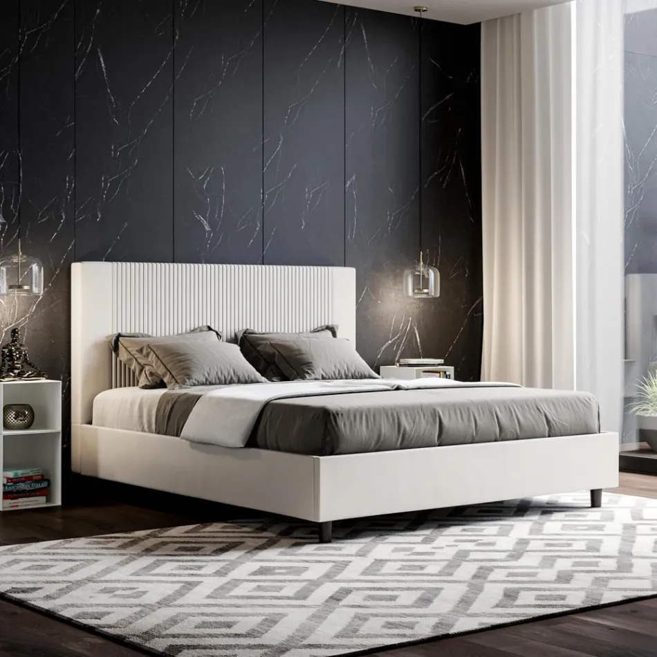160x200 cm Bed with Headboard Decorated with Vertical Lines Made in Italy - Pattini Viadurini