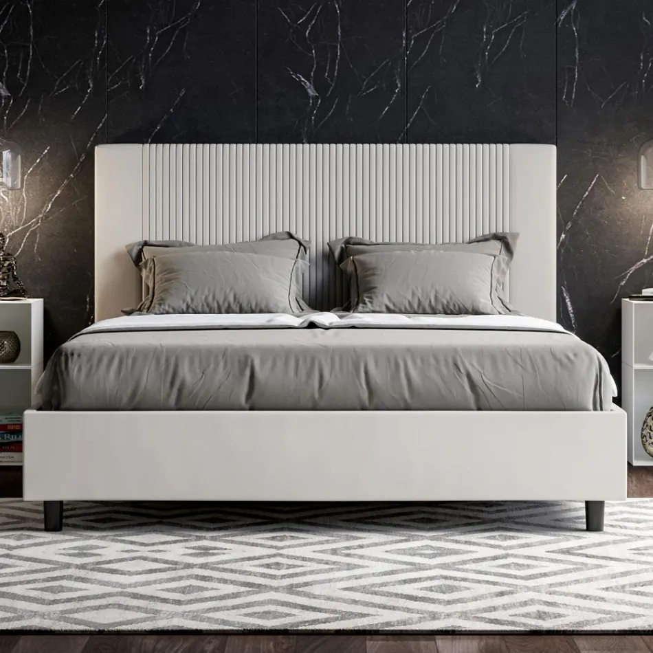 160x200 cm Bed with Headboard Decorated with Vertical Lines Made in Italy - Pattini Viadurini