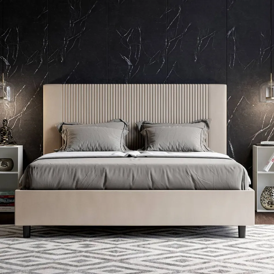 160x200 cm Bed with Headboard Decorated with Vertical Lines Made in Italy - Pattini Viadurini