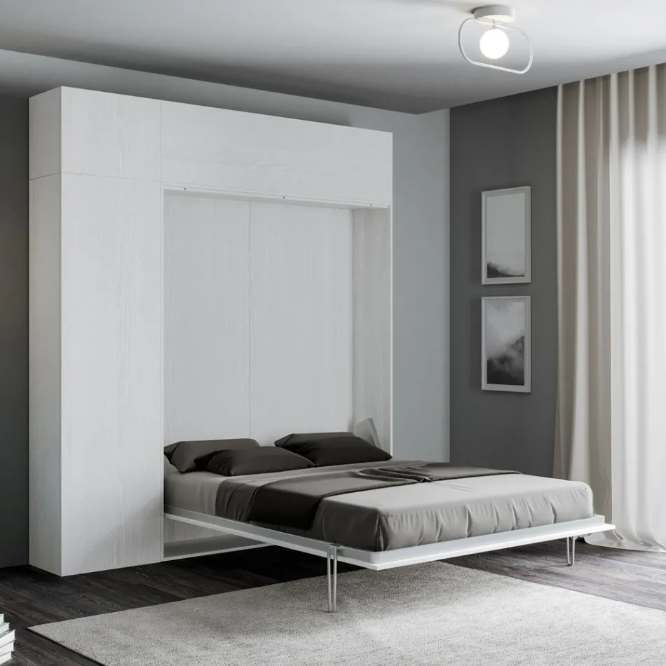 Vertical Foldaway Double Bed with Wall Unit and Column - Magicompare Viadurini