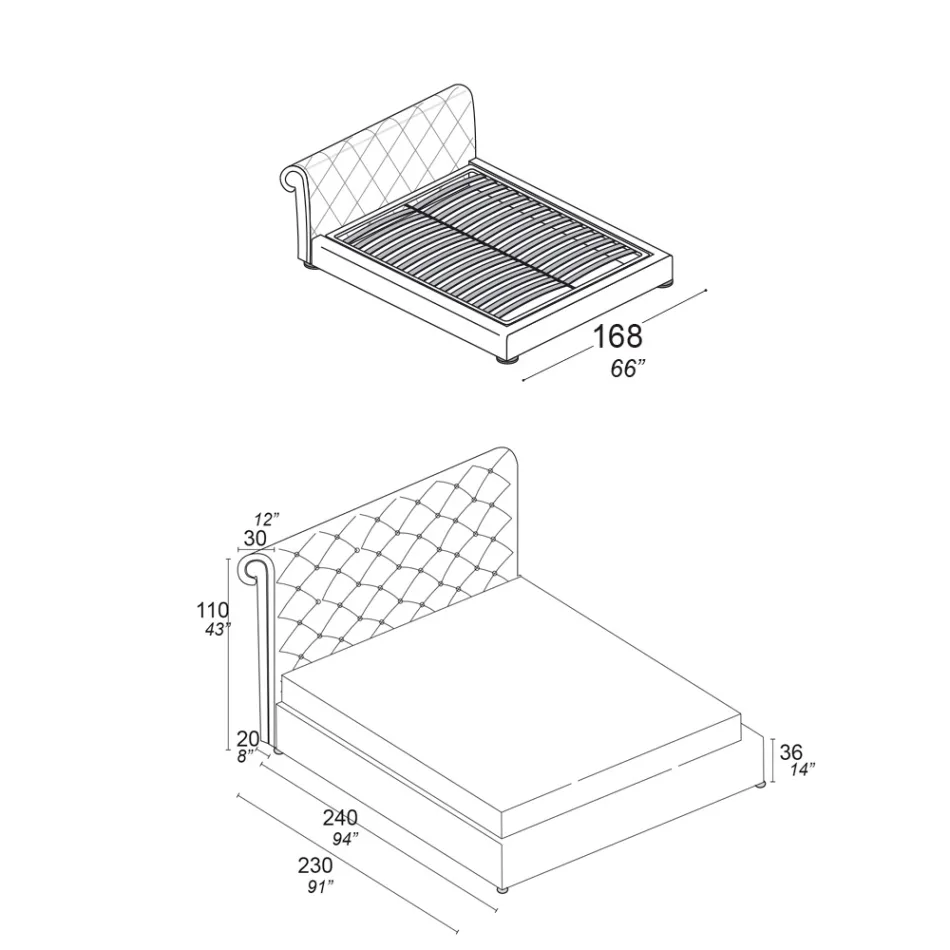 Double bed with capitonné padding and wooden feet - Briosco Viadurini