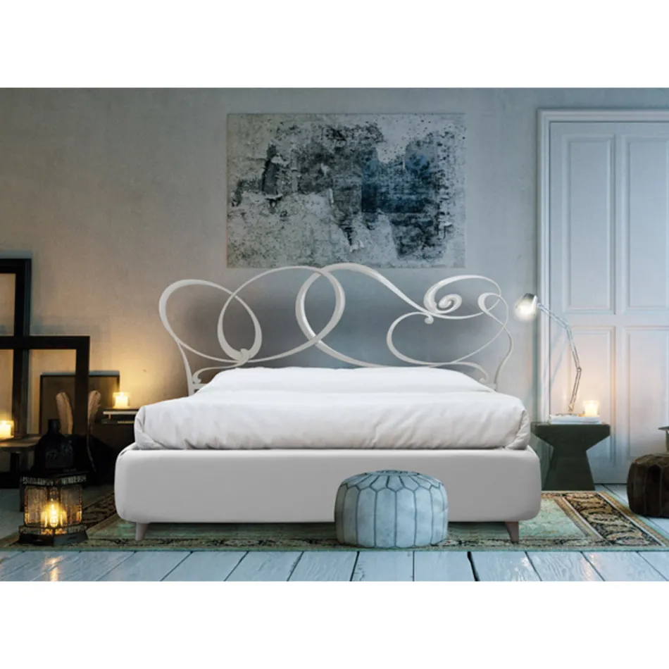 Double bed with iron headboard and padded bed frame Made in Italy - Kenzo Viadurini