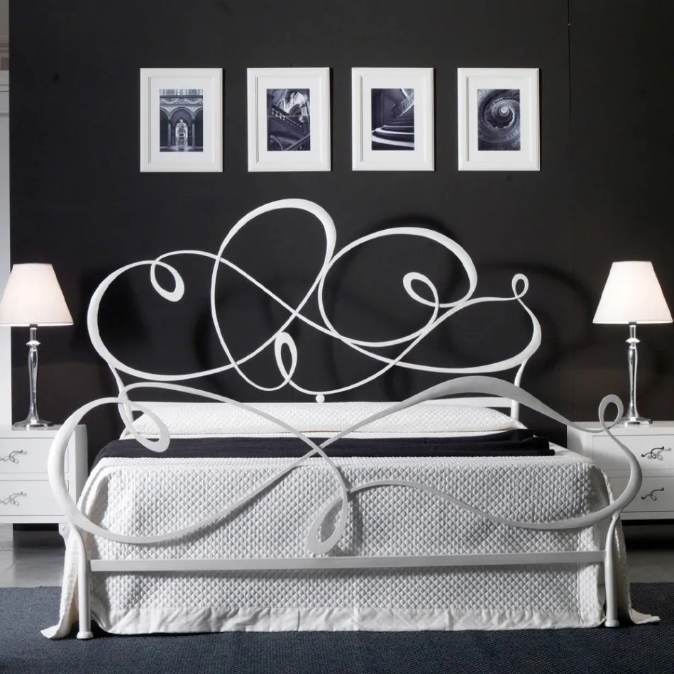 Double Bed with Solid Iron Headboard Made in Italy - Nebbia Viadurini