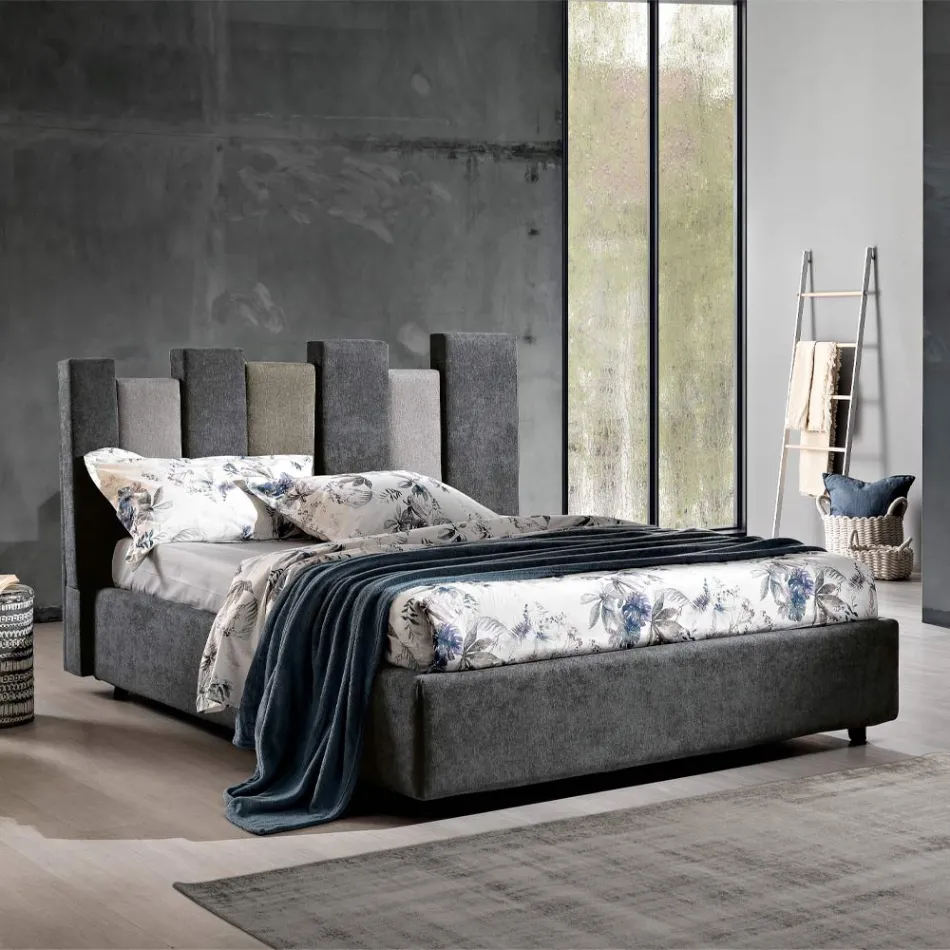 High Quality Modern Upholstered Design Double Bed in Blue or Gray - Kenzo Viadurini
