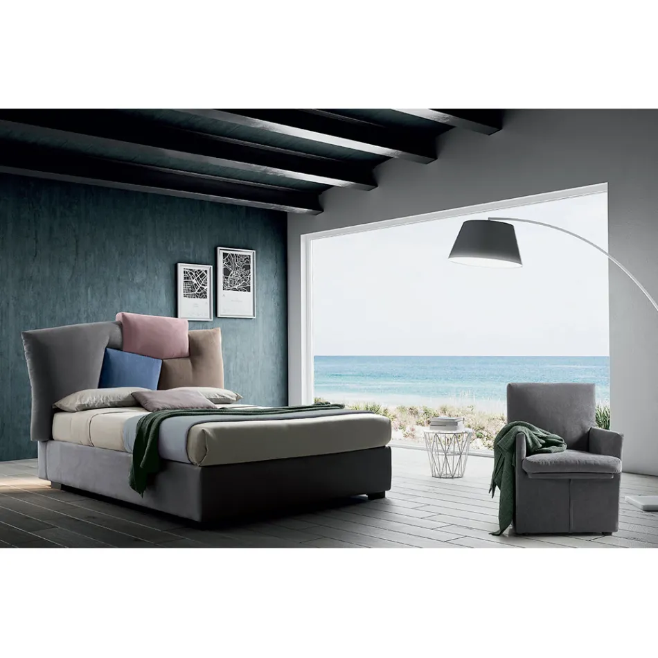 Upholstered Double Bed with Fabric Storage Unit - Belle Viadurini