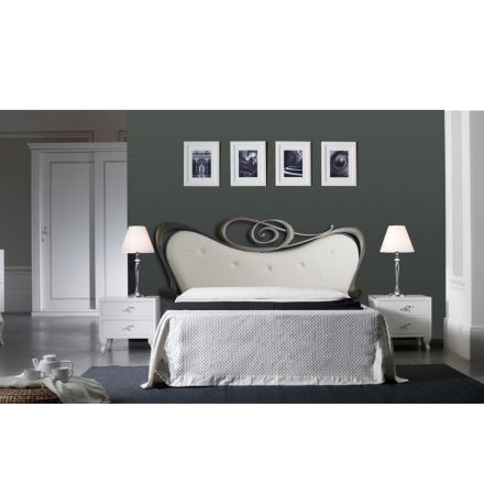 Double Bed in Iron and Real Leather, 2 Bedside Tables and Mattress - Reasons Viadurini