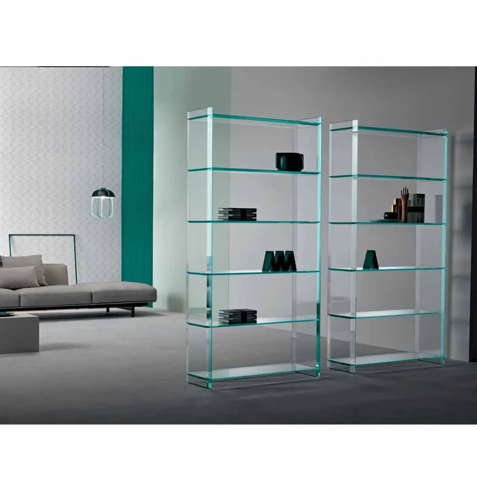 Wall or Freestanding Bookcase in Extraclear Glass Design 6 Shelves - Ramen Viadurini