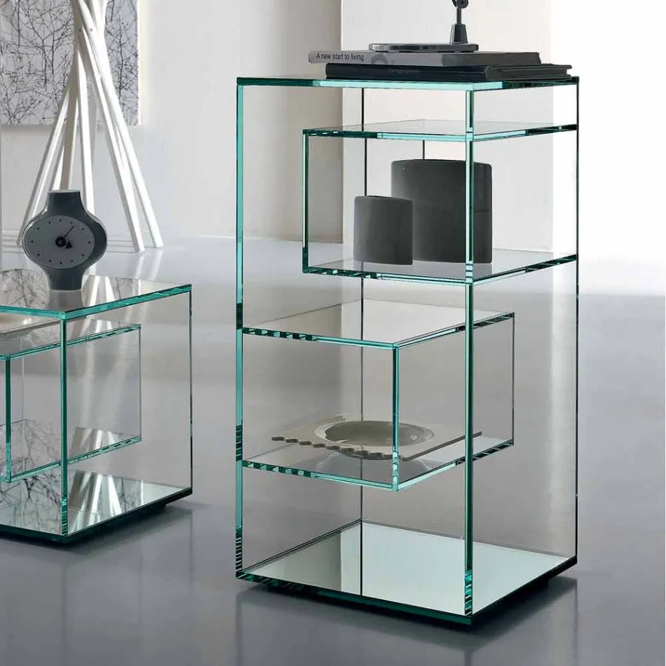 Freestanding Low Living Room Display Bookcase in Extra-clear Glass - Linzy Viadurini
