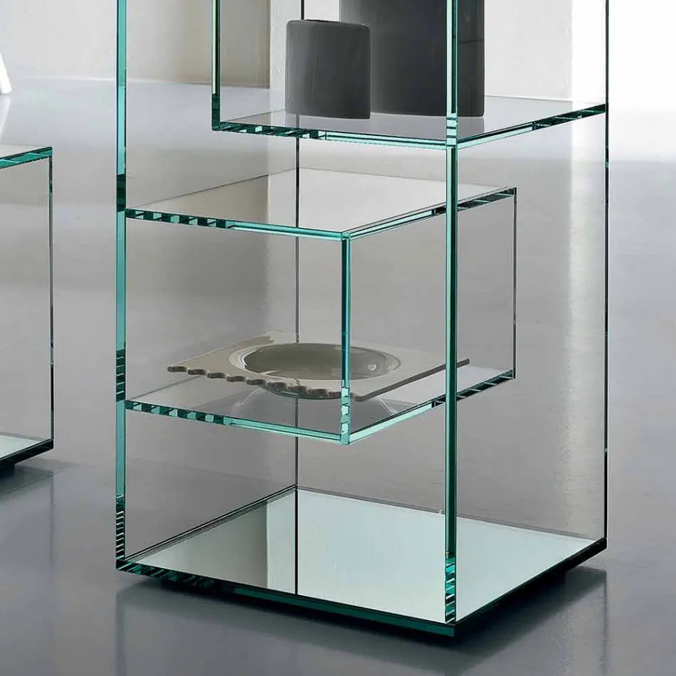Freestanding Low Living Room Display Bookcase in Extra-clear Glass - Linzy Viadurini