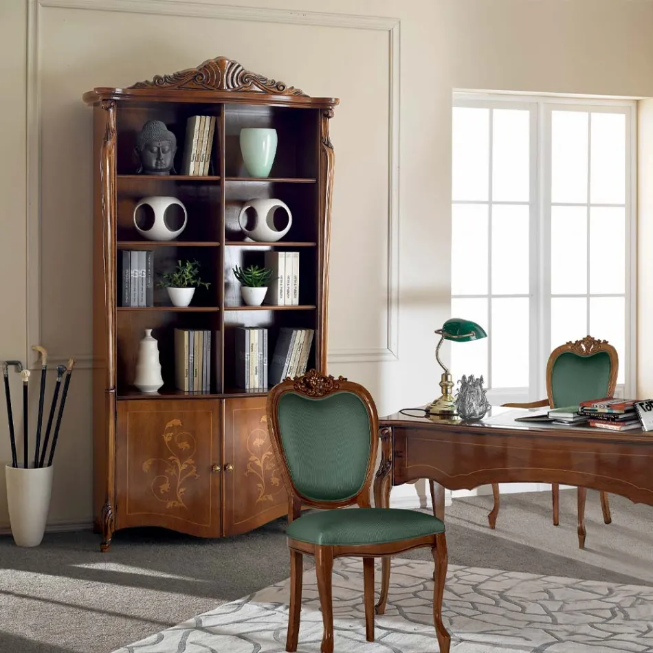 Inlaid Bassano Walnut Wood Bookcase with Made in Italy Doors - Commodo Viadurini