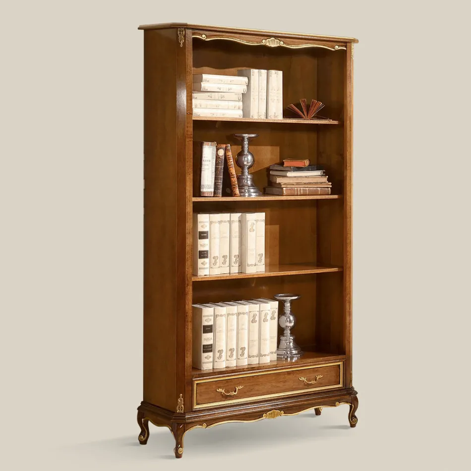 Classic Style Walnut Wood Bookcase with Drawer Made in Italy - Ronald Viadurini