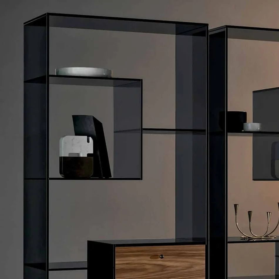 Bookcase in Smoked Glass with Canaletto Walnut Wood Drawer Italian Design - Linzy Viadurini