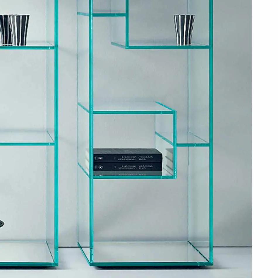 Single Column Bookcase in Extra-clear or Smoked Glass for Living Room - Linzy Viadurini