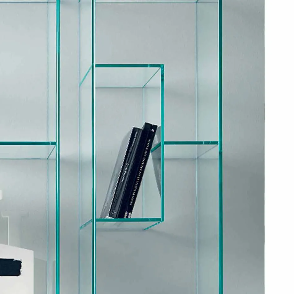Single Column Bookcase in Extra-clear or Smoked Glass for Living Room - Linzy Viadurini
