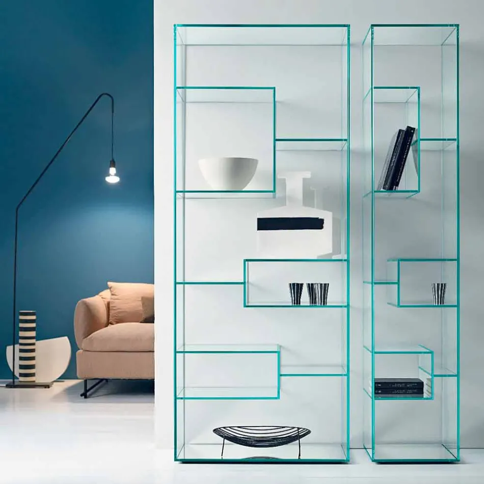 Single Column Bookcase in Extra-clear or Smoked Glass for Living Room - Linzy Viadurini