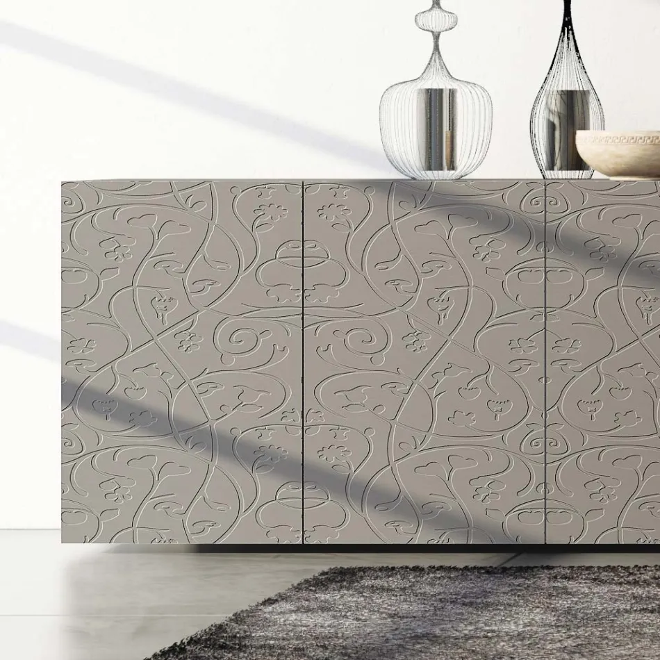 Sideboard 4 Doors in Mud Lacquered Mdf with Bas-relief Made in Italy - Lolla Viadurini
