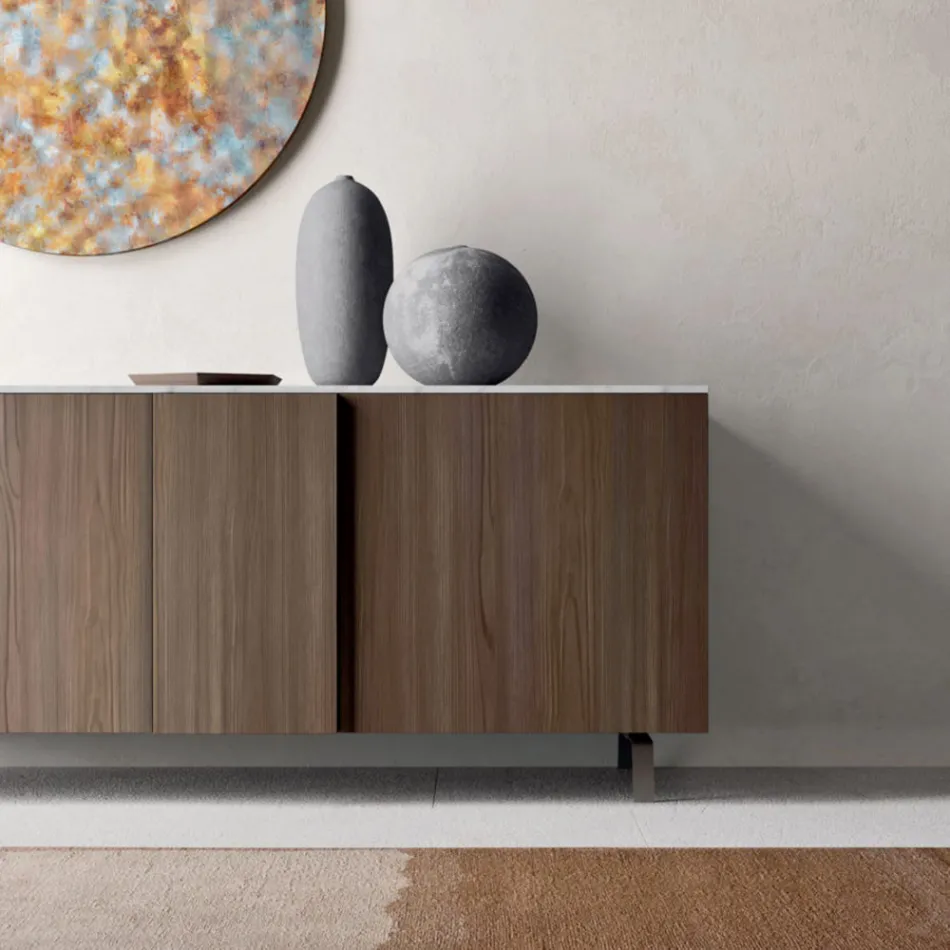 Sideboard with 2 Doors for Living Room, in Ecological Wood and Metal Top in Marble - Brown Viadurini