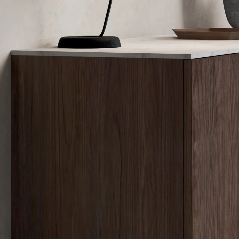 Sideboard with 2 Doors for Living Room, in Ecological Wood and Metal Top in Marble - Brown Viadurini