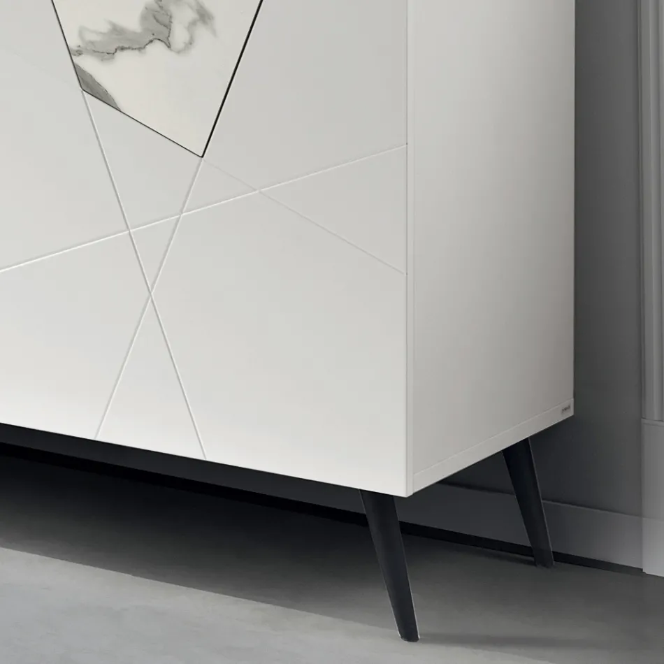 Sideboard with 3 Doors in Lacquered MDF with Pantograph and Marble Effect Glass Inserts - Danila Viadurini