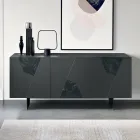 Sideboard with 3 Doors in Lacquered MDF with Pantograph and Marble Effect Glass Inserts - Danila Viadurini