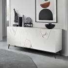 Sideboard with 3 Doors in Lacquered MDF with Pantograph and Marble Effect Glass Inserts - Danila Viadurini