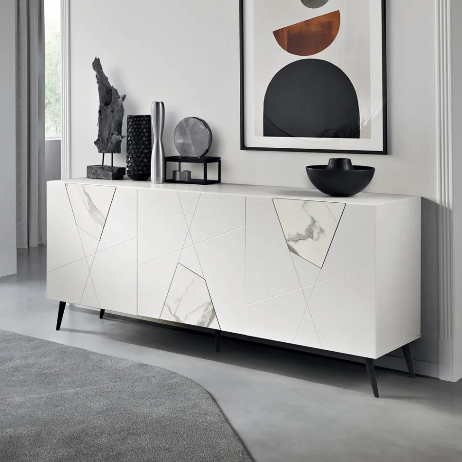 Sideboard with 3 Doors in Lacquered MDF with Pantograph and Marble Effect Glass Inserts - Danila Viadurini