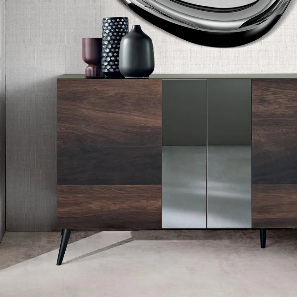 Sideboard with 3 Oak Veneer Doors and Mirror Inserts - Enrica Viadurini