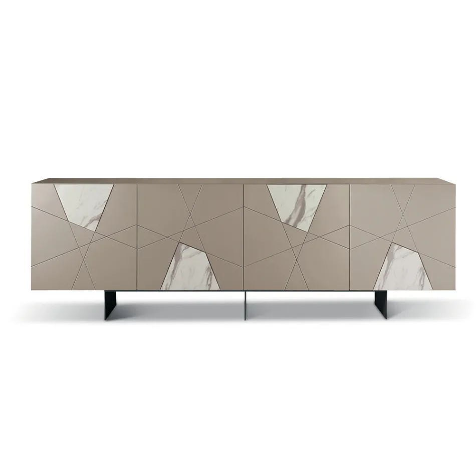 Sideboard with 4 Doors in Lacquered MDF with Pantograph and Marble Effect Glass Inserts - Danila Viadurini