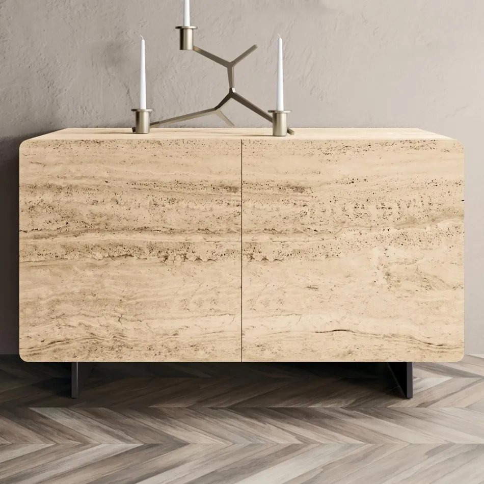 Living Room Sideboard with 2 Doors in Travertine Marble Finish Made in Italy - Jon Viadurini