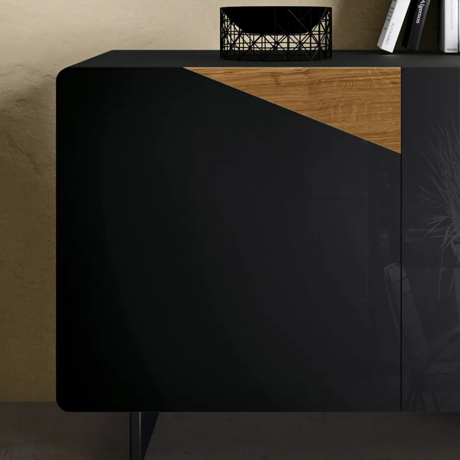 Living room sideboard with 2 doors in Country Knotted Oak and Anthracite Glass finish - Ove Viadurini