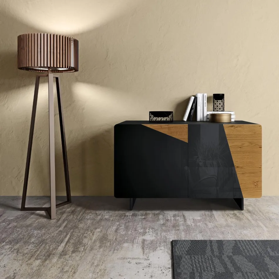 Living Room Sideboard with 2 Doors in Country Knotted Oak Finish and Anthracite Glass - Ove Viadurini