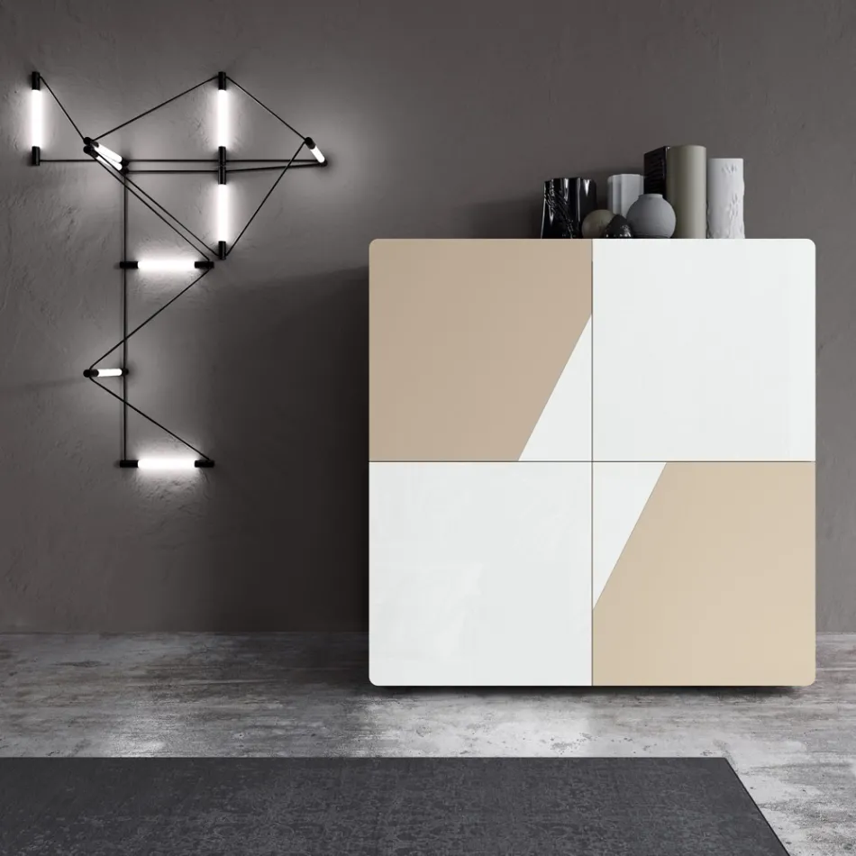 Living Room Sideboard with 4 Doors in White Glass and Mink Finish Made in Italy - Eva Viadurini