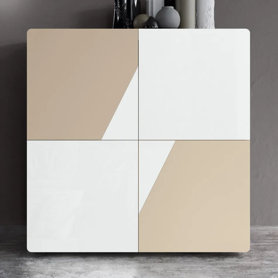 Living Room Sideboard with 4 Doors in White Glass and Mink Finish Made in Italy - Eva Viadurini