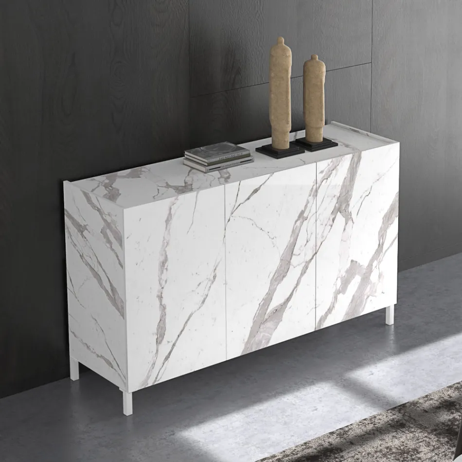 Living Room Sideboard Covered in Melamine Marble Finish Made in Italy - Zinc Viadurini