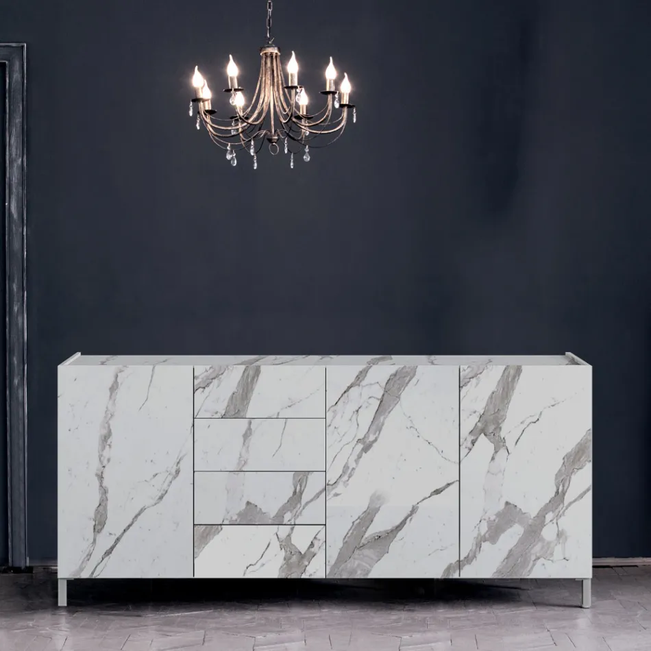 Living Room Sideboard Covered in Melamine Marble Finish Made in Italy - Zinc Viadurini