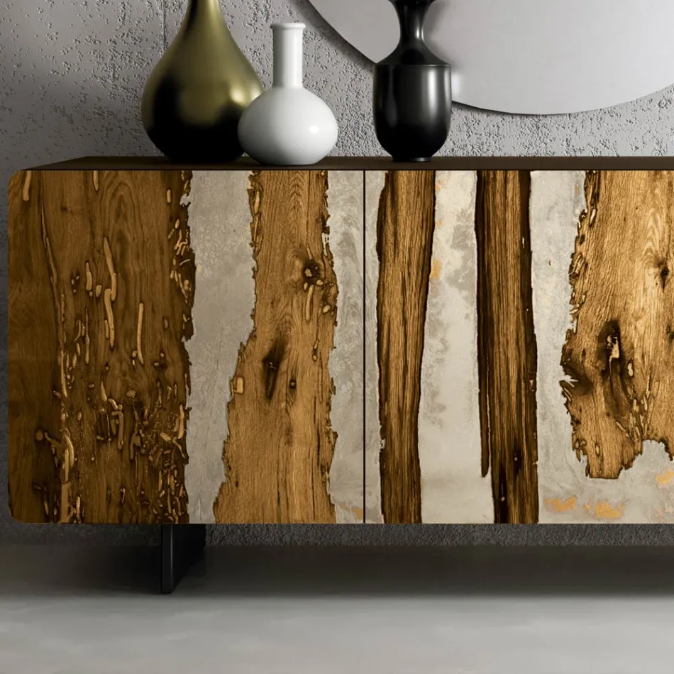 Living Room Sideboard with 3 Doors in Oak and Resin Finish Saturn - Lars Viadurini