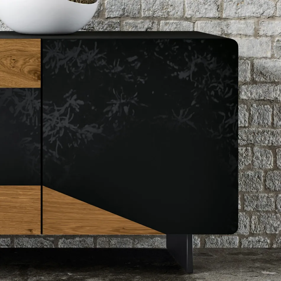 Living Room Sideboard with 3 Doors in Country Knotted Oak Finish and Anthracite Glass - Ove Viadurini