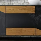 Living Room Sideboard with 3 Doors in Country Knotted Oak Finish and Anthracite Glass - Ove Viadurini