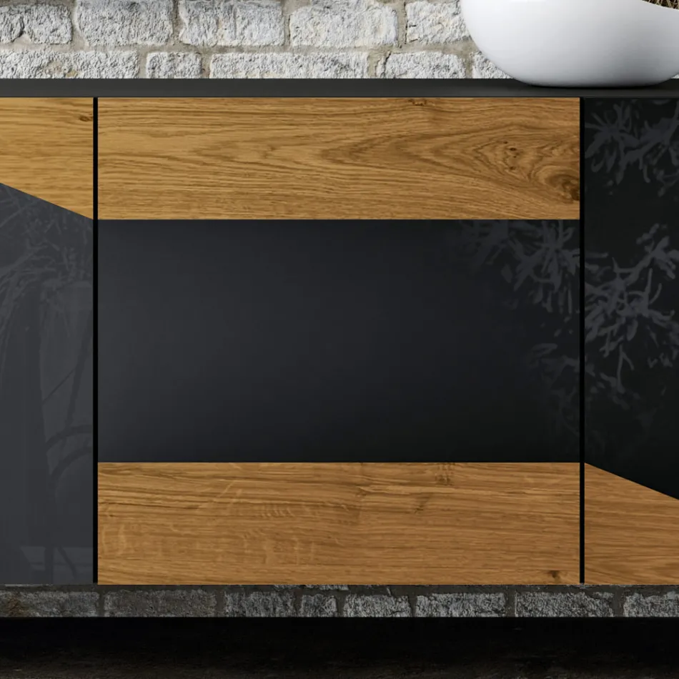 Living Room Sideboard with 3 Doors in Country Knotted Oak Finish and Anthracite Glass - Ove Viadurini