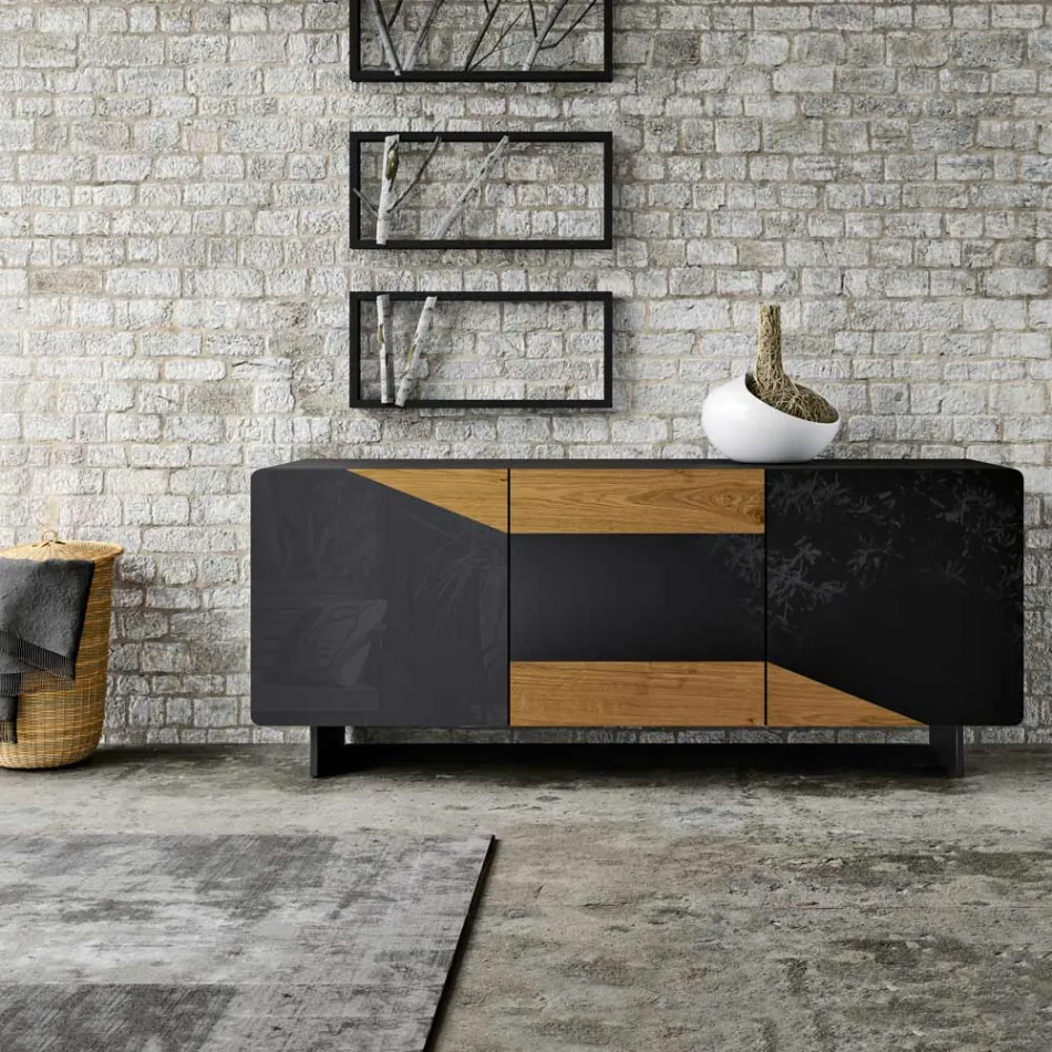 Living Room Sideboard with 3 Doors in Country Knotted Oak Finish and Anthracite Glass - Ove Viadurini
