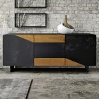 Living Room Sideboard with 3 Doors in Country Knotted Oak Finish and Anthracite Glass - Ove Viadurini
