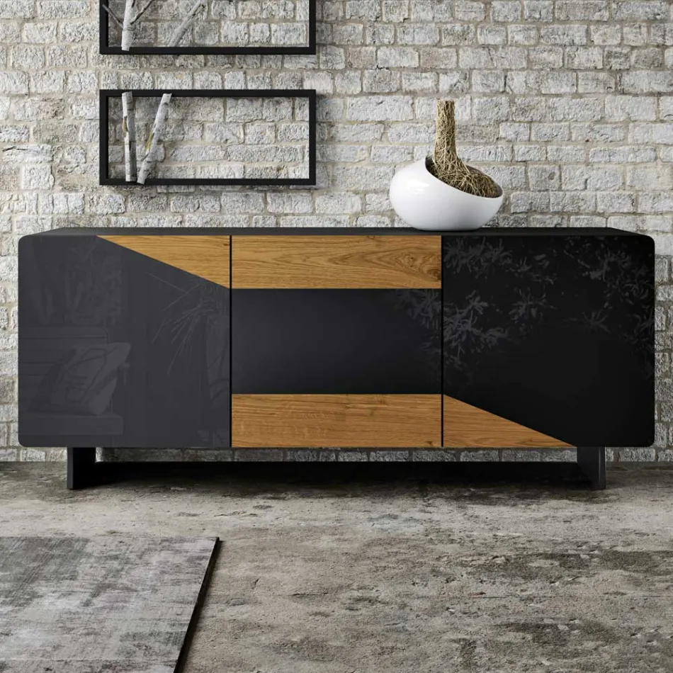 Living Room Sideboard with 3 Doors in Country Knotted Oak Finish and Anthracite Glass - Ove Viadurini