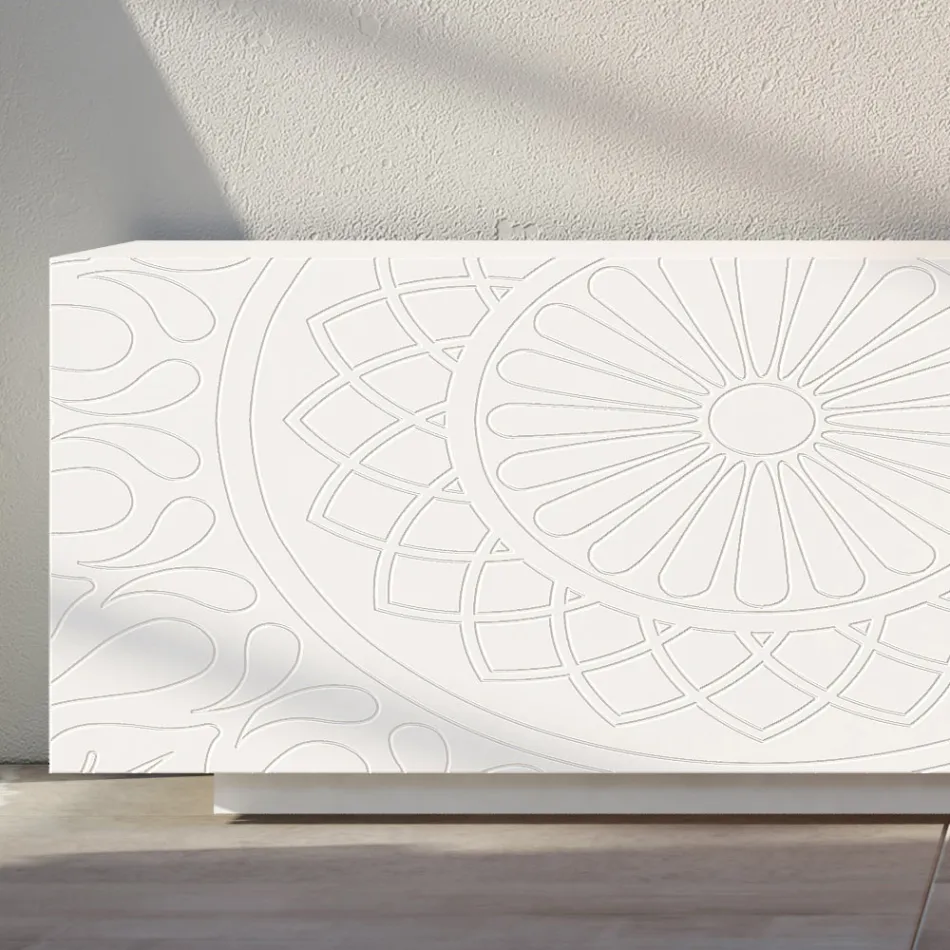 Living Room Sideboard in White Mdf with Bas-relief Made in Italy - Stilea Viadurini