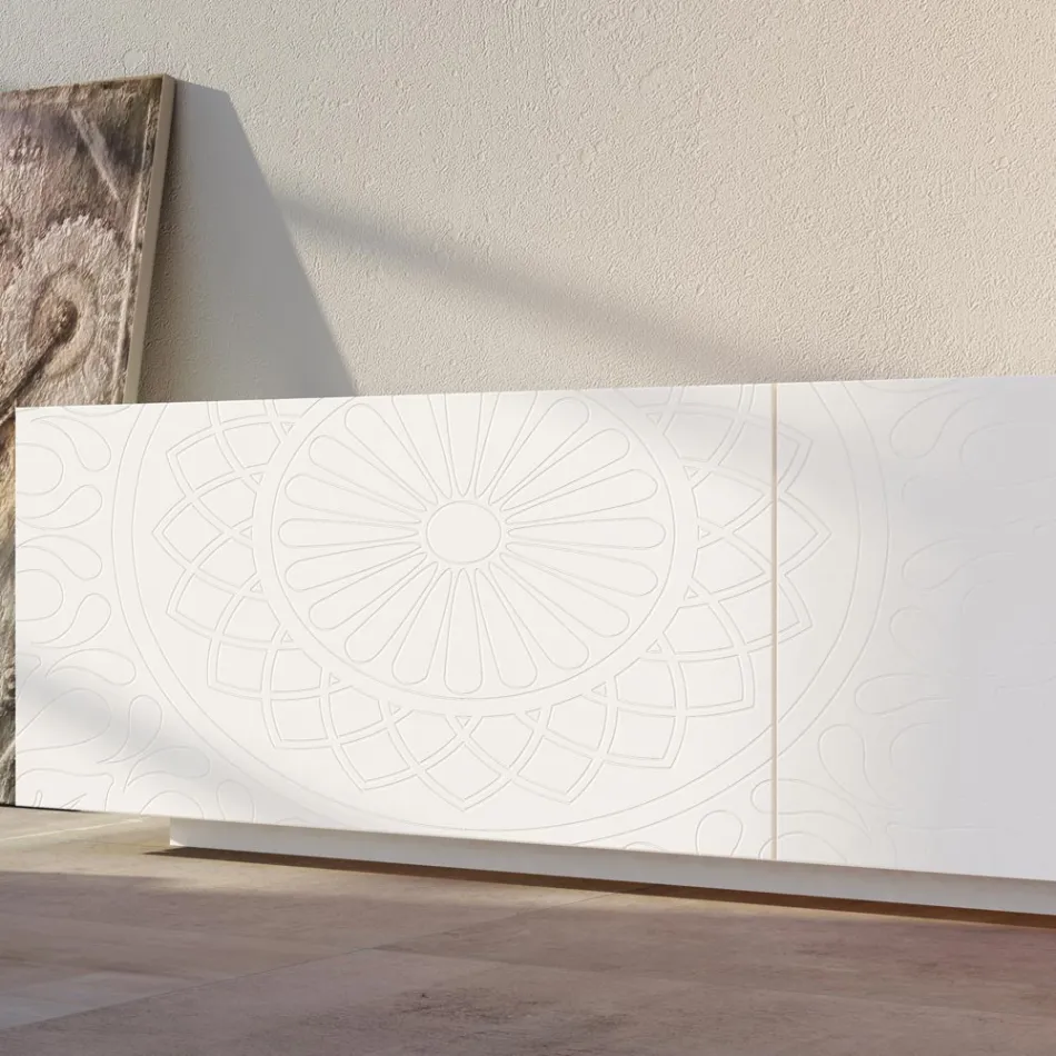 Living Room Sideboard in White Mdf with Bas-relief Made in Italy - Stilea Viadurini
