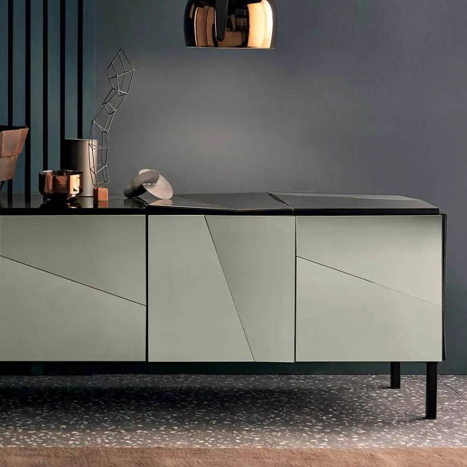 Mobile Living Room Sideboard in Matt Black Wood with Smoked Mirrors and Legs - Senese Viadurini