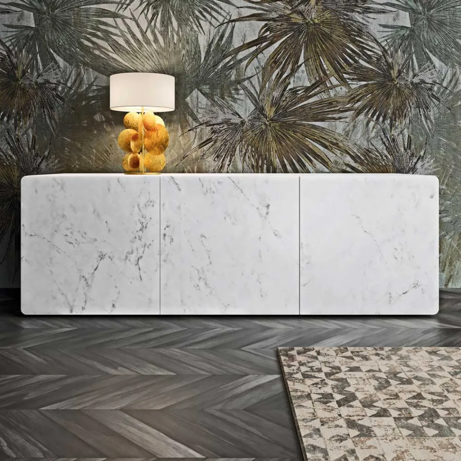 Living Area Sideboard with 3 Doors in Carrara Marble Finish Made in Italy - Finn Viadurini