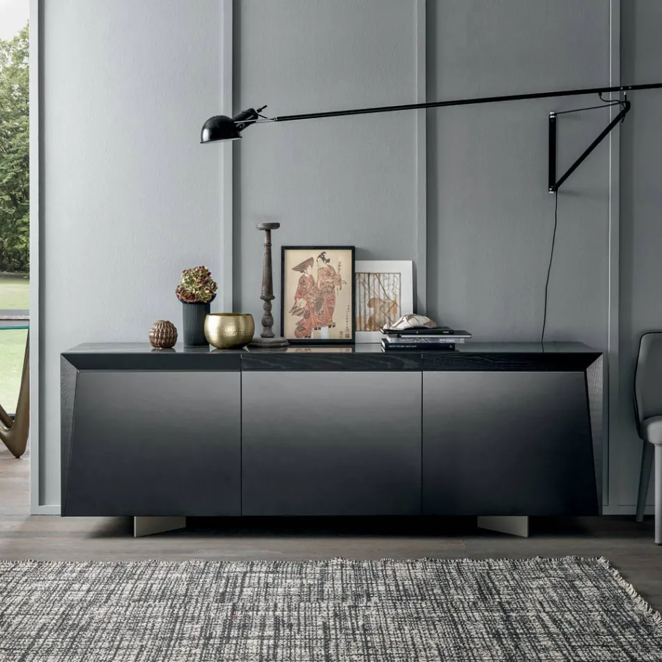 Wooden Sideboard 3 Doors with Slanted Edge and Ceramic Top - Mondolfo Viadurini
