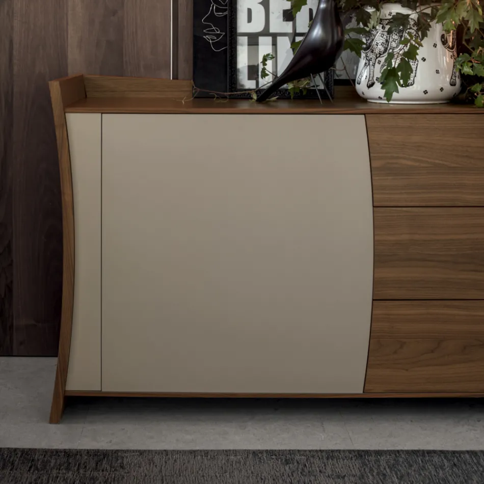 Sideboard in Lacquered Wood 2 Doors 3 Drawers Italian Curvilinear Design - Celio Viadurini
